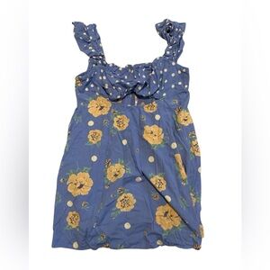Free People Blue Yellow Floral Polka Dot Smocked Mini Dress XL